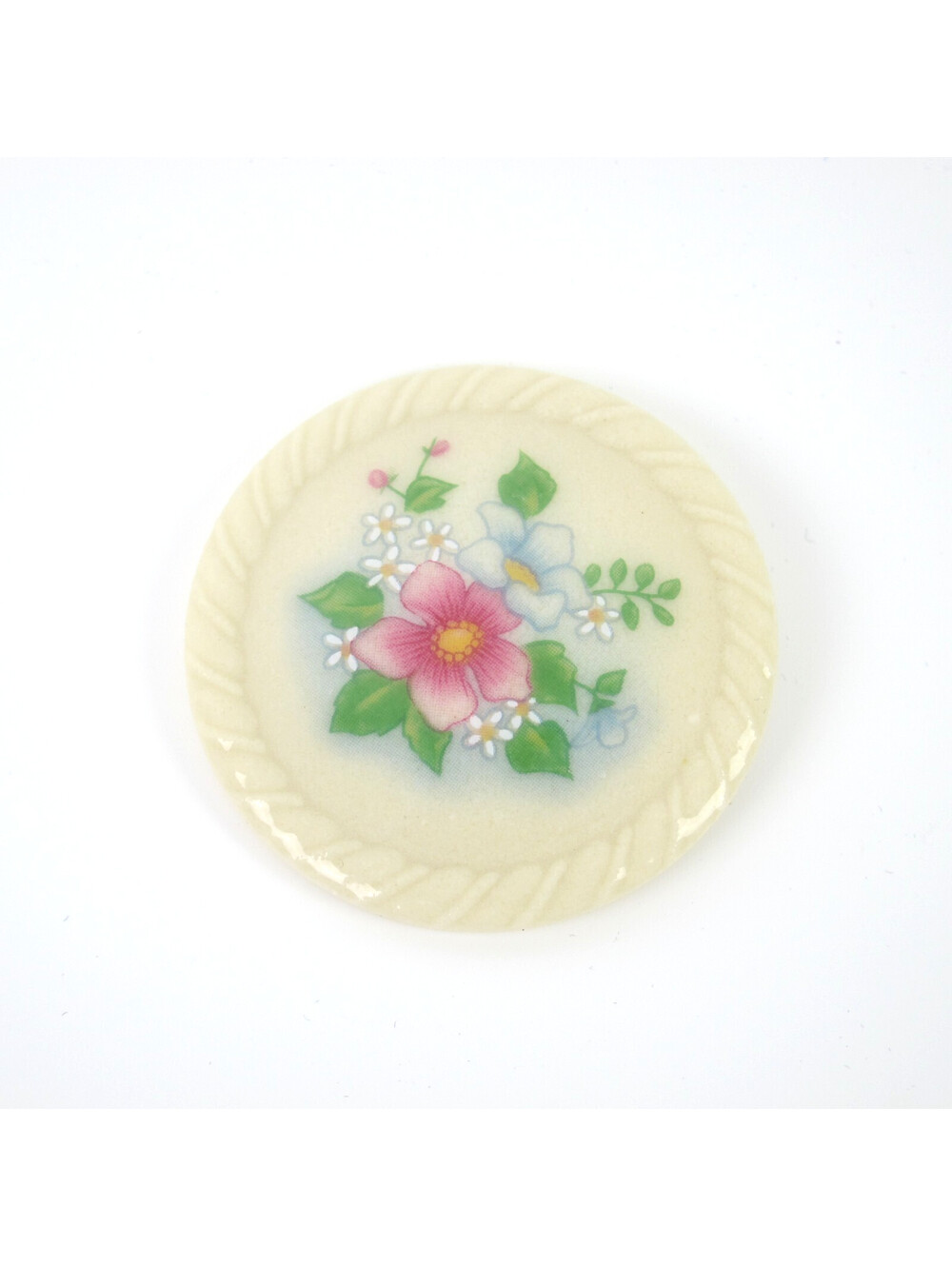Vintage Avon Pin Brooch Ceramic Spring Flowers Pink White Green 1.6" Round 1980s